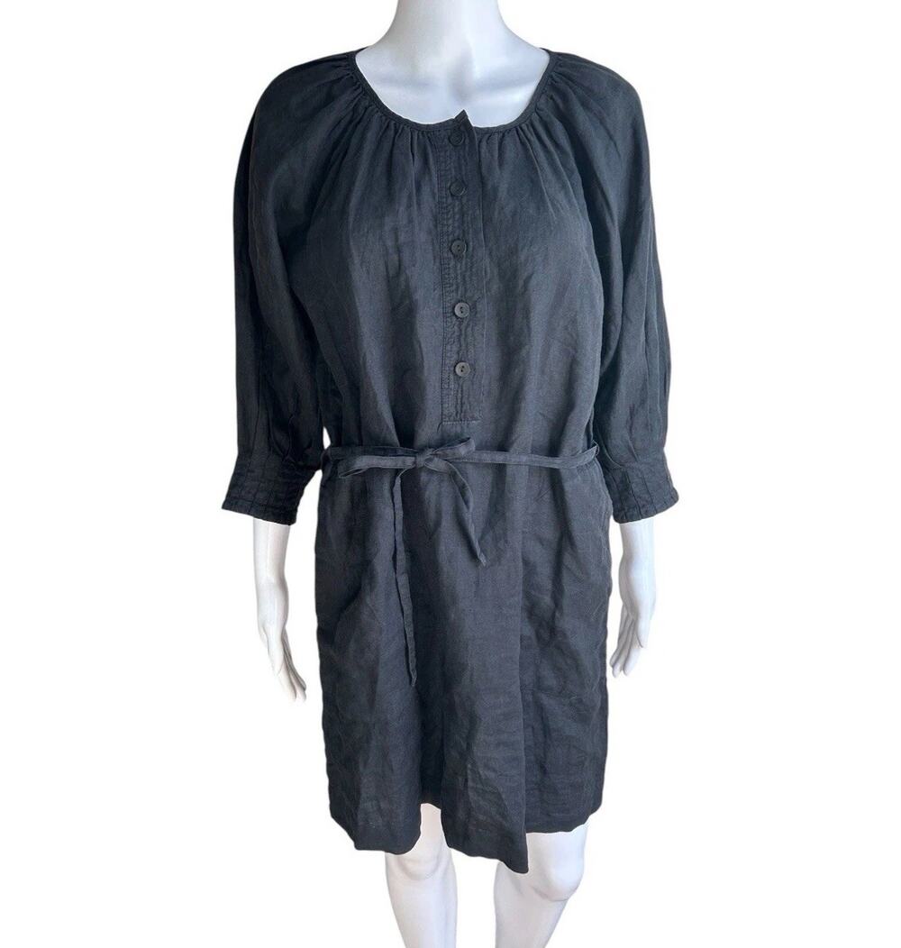 Joie Landra 100% Linen Dress Womens S Black 3/4 Sleeve Belted Shift Tunic Pocket